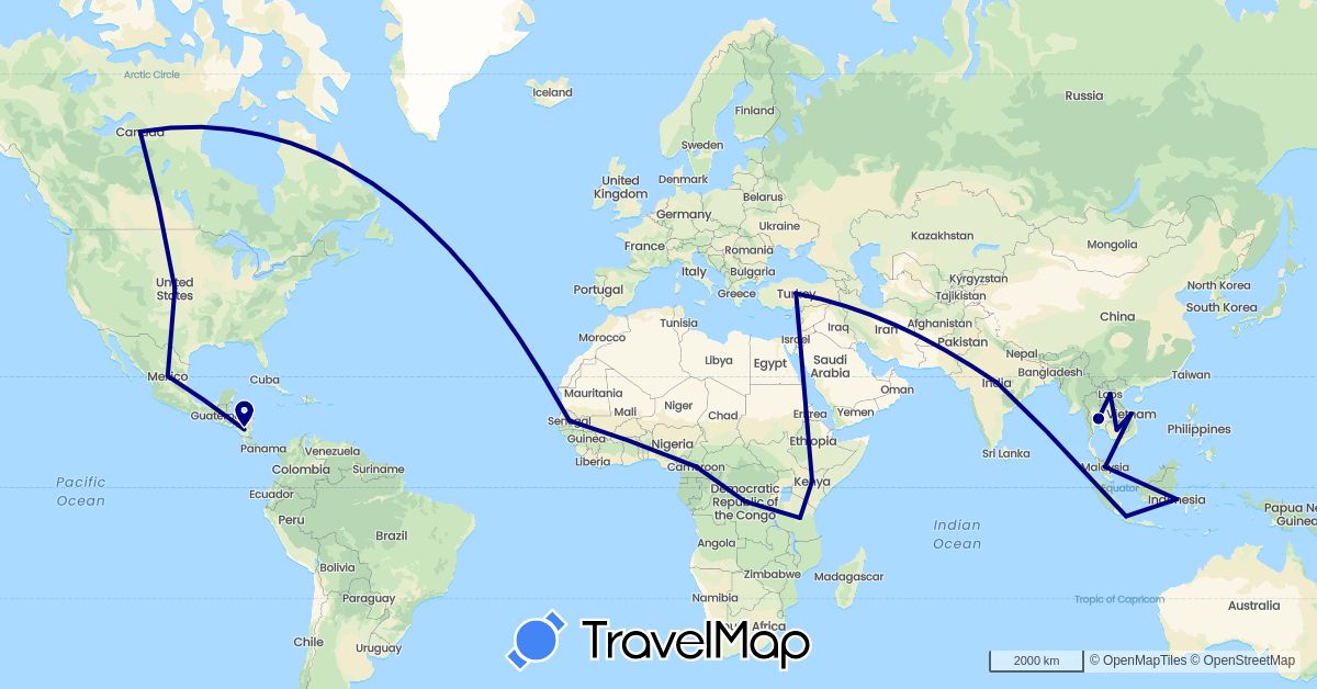 TravelMap itinerary: driving in Canada, Democratic Republic of the Congo, Cameroon, Indonesia, India, Kenya, Laos, Malaysia, Senegal, Thailand, Turkey (Africa, Asia, North America)